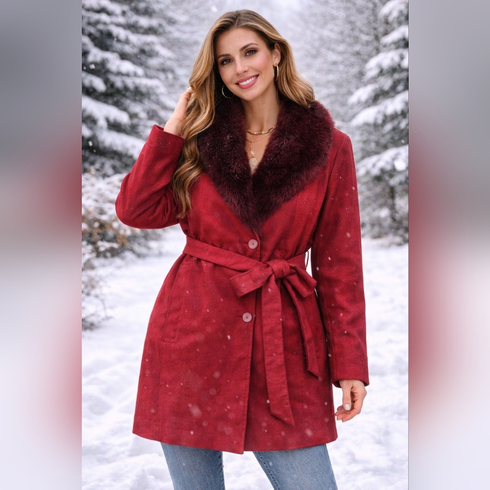 Dennis Basso Burgundy Trench Coat with Faux Fur Collar Overcoat Size XL